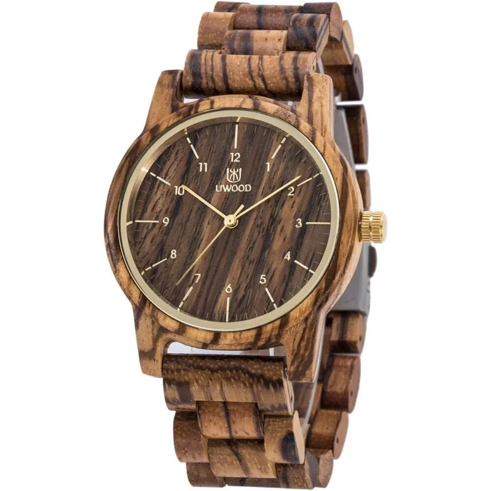 Men's Zebra Uwood Series 40 Mm Foldover Clasp Natural Handmade Wooden Watches